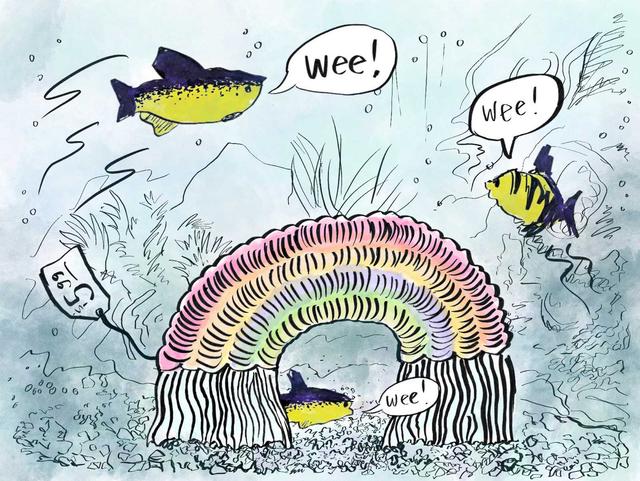 three fish swim around a new rainbow-shaped toy in a fish tank, saying wee!