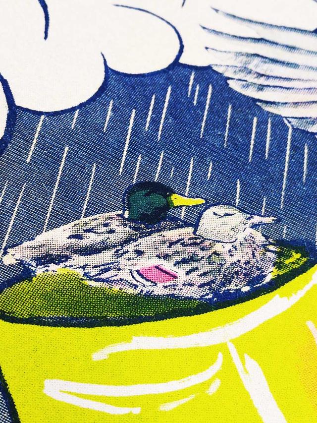 a closeup of four colour risograph print featuring two ducks in the rain