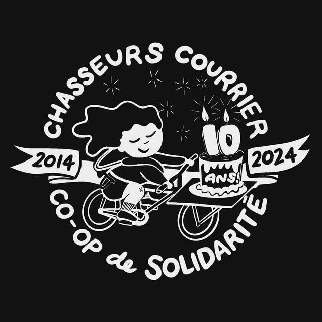 girl rides a cargo bike with a cake that says 10 ans! encicling text reads chasseurs courrier coop de solidarité, 2014-2024