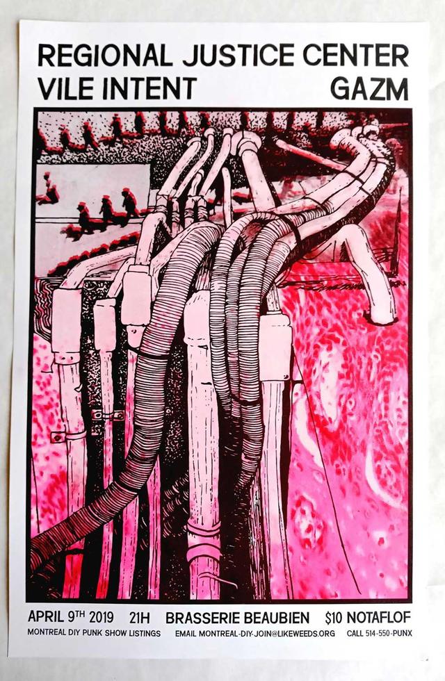 Regional Justice Center, Vile Intent and Gazm, April 9 2019 at Brasserie Beaubien in Montreal. $10 NOTAFLOF. The image is a black, pink and red riso print of industrial-looking tubes.